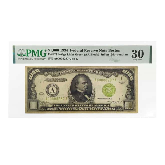1934 $1000 Federal Reserve Currency Note Boston PMG VF 30 (Stamp Ink)