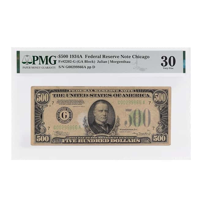 1934 A $500 Federal Reserve Currency Note Chicago PMG VF 30 (Stained, Annotation Lightened)