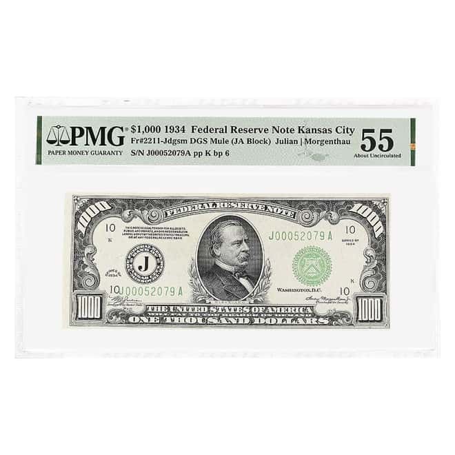 1934 $1000 Federal Reserve Currency Note Kansas City PMG AU 55 (Minor Erasure)