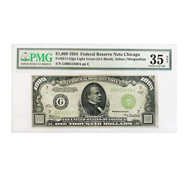 1934 $1000 Federal Reserve Note Chicago Julian Morgenthau PMG NET VF 35