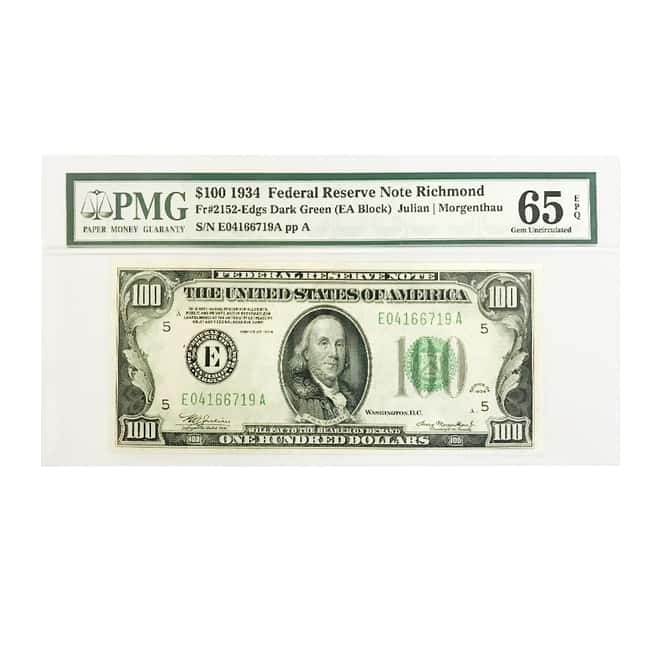 1934 $100 Federal Reserve Note Richmond Julian Morgenthau PMG Gem Unc 65 EPQ