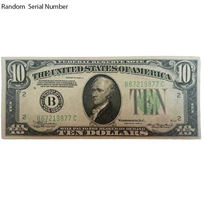 1934 $10 Federal Reserve Currency Note Avg Circ