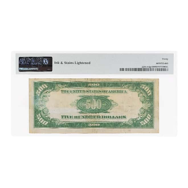 1934 $500 Federal Reserve Currency Note Atlanta PMG VF 30 (Ink & Stains Lightened)