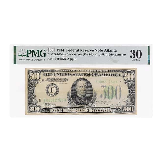 1934 $500 Federal Reserve Currency Note Atlanta PMG VF 30 (Ink & Stains Lightened)