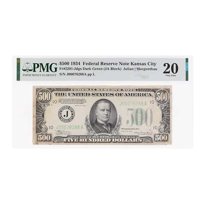 1934 $500 Federal Reserve Currency Note Kansas City PMG VF 20 (Repaired)