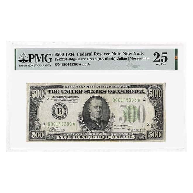 1934 $500 Federal Reserve Currency Note New York PMG VF 25 (Small Tears)