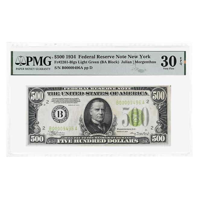1934 $500 Federal Reserve Currency Note New York PMG VF 30 EPQ