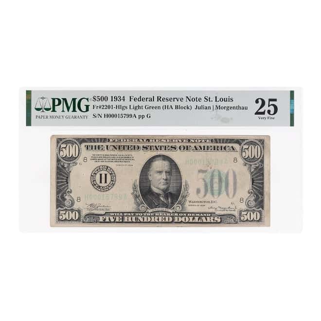 1934 $500 Federal Reserve Currency Note St. Louis PMG VF 25 (Pinholes, Overprint Discolored)