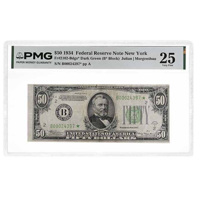 1934 $50 Federal Reserve Note New York Star Note PMG VF 25