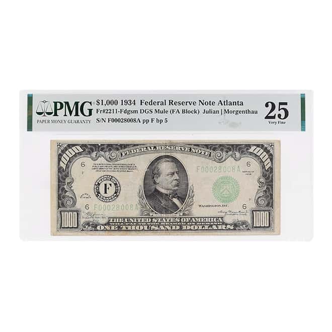 1934 A $1000 Federal Reserve Currency Note Chicago PMG VF 25