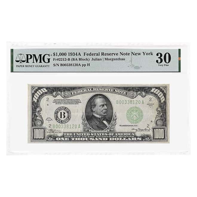 1934 A $1000 Federal Reserve Currency Note New York PMG VF 30 (Minor Ink)