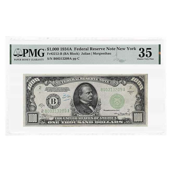 1934 A $1000 Federal Reserve Currency Note New York PMG VF 35 (Annotation)