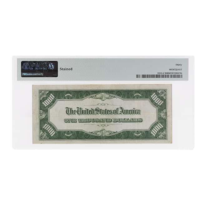 1934 A $1000 Federal Reserve Currency Note Philadelphia PMG VF 30 (Stained)
