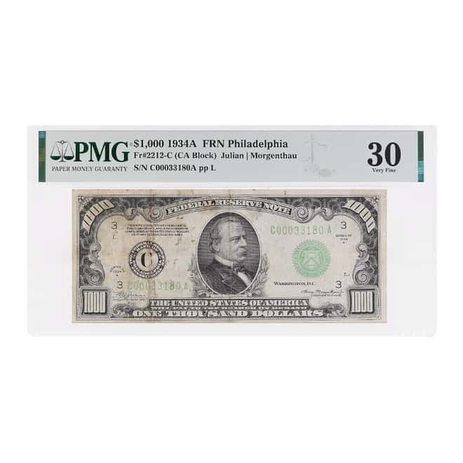1934 A $1000 Federal Reserve Currency Note Philadelphia PMG VF 30 (Stained)