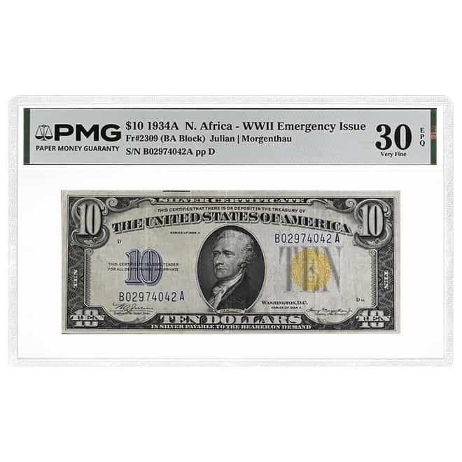 1934 A $10 Silver Certificate North Africa WWII Emergency Issue Gold Seal PMG VF 30 EPQ