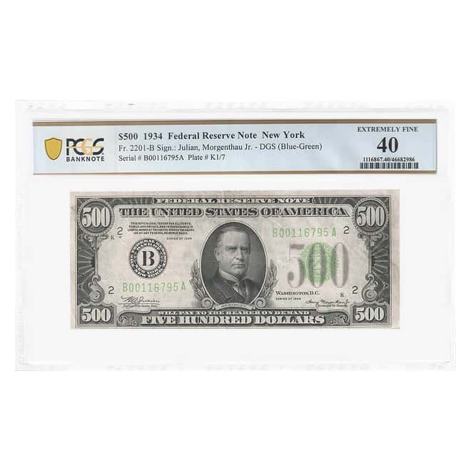 1934 A $500 Federal Reserve Currency Note New York PCGS XF 40 (Notes)