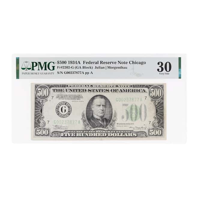 1934 A $500 Federal Reserve Currency Note Chicago PMG VF 30 (Minor Repair)