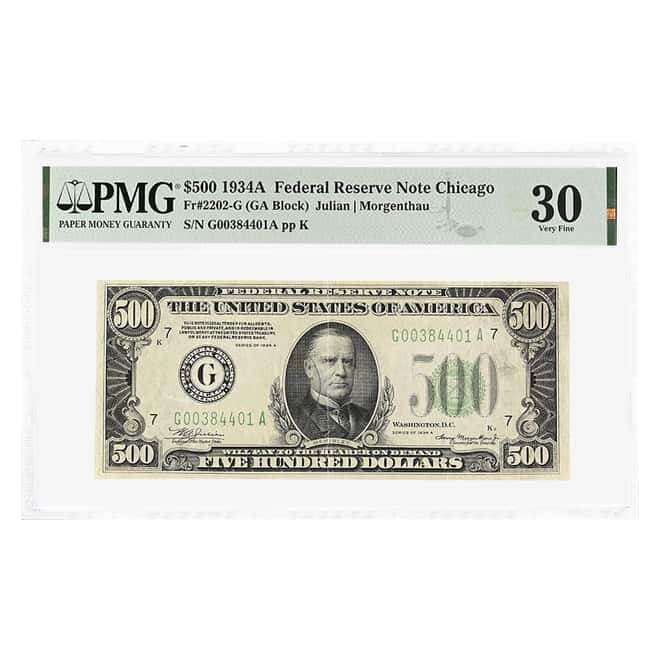 1934 A $500 Federal Reserve Currency Note Chicago PMG VF 30 (Stamp Ink)