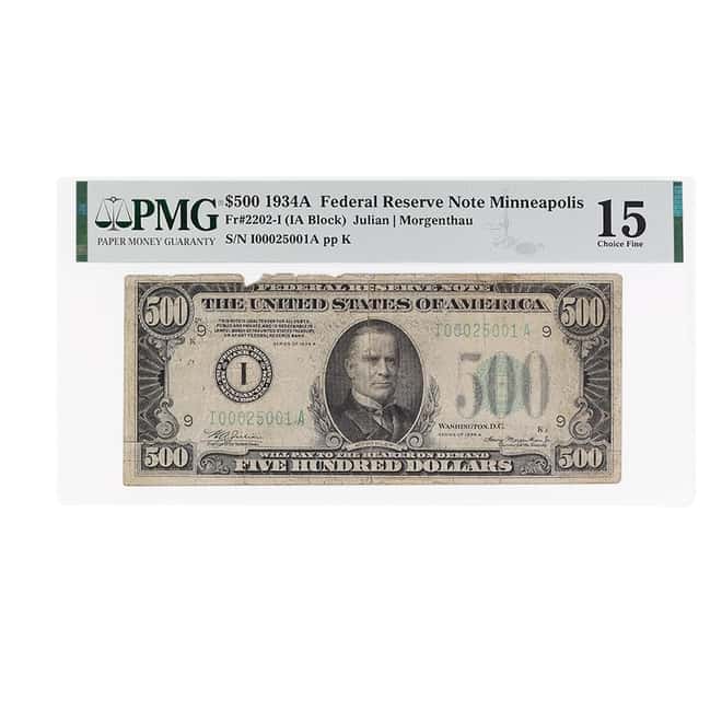 1934 A $500 Federal Reserve Currency Note Minneapolis PMG F 15 (Piece Missing)