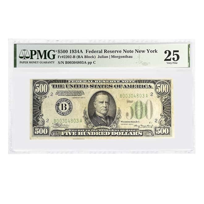 1934 A $500 Federal Reserve Currency Note New York PMG VF 25 (Pinholes)