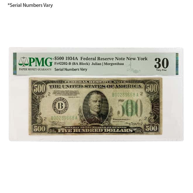 1934 A $500 Federal Reserve Currency Note New York PMG VF 30