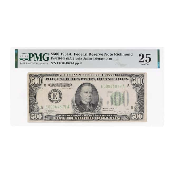 1934 A $500 Federal Reserve Currency Note Richmond PMG VF 25 (Minor Repair)