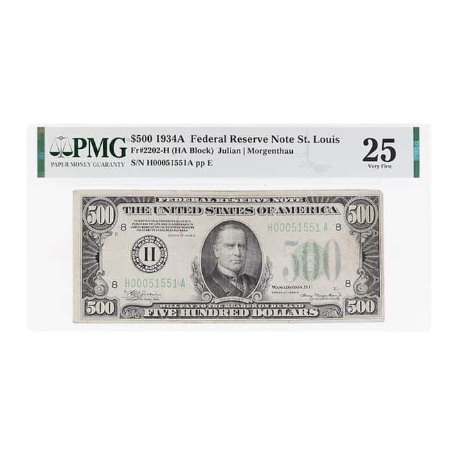 1934 A $500 Federal Reserve Currency Note St. Louis PMG VF 25 (Stamp Ink)