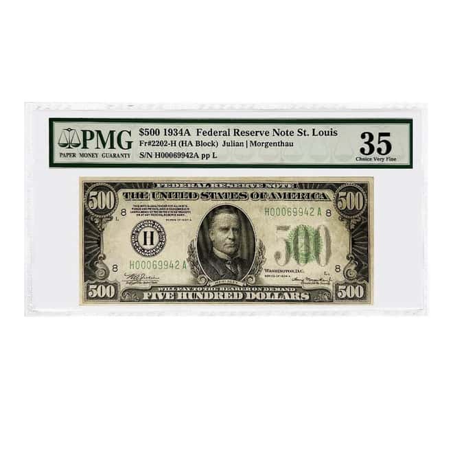 1934 A $500 Federal Reserve Currency Note St. Louis PMG VF 35 (Pinholes)