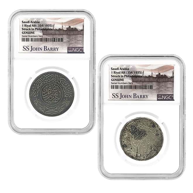 1935 (AH 1354) Saudi Arabia Silver Riyal SS John Barry Shipwreck NGC Genuine (Struck in Philadelphia)