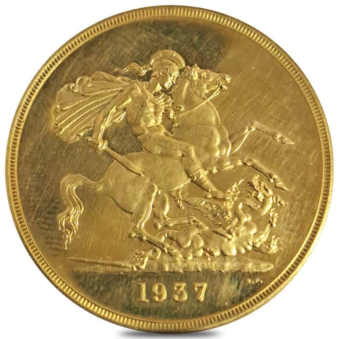 1937 Great Britain 5 Pound Sovereign King George VI Proof Gold Coin UNC (Cleaned)