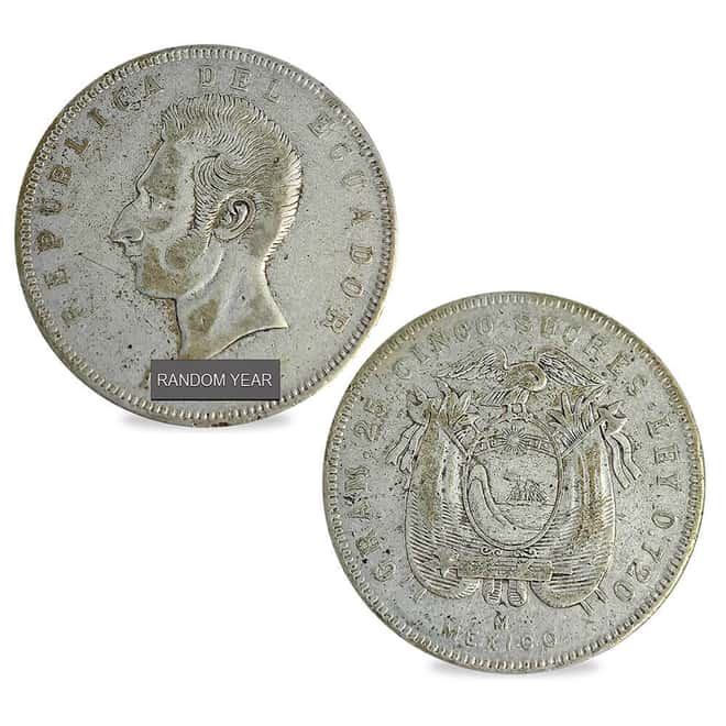 1943-1944 Ecuador 5 Sucres Struck in Mexico Silver Coin Avg Circ (Random Year)
