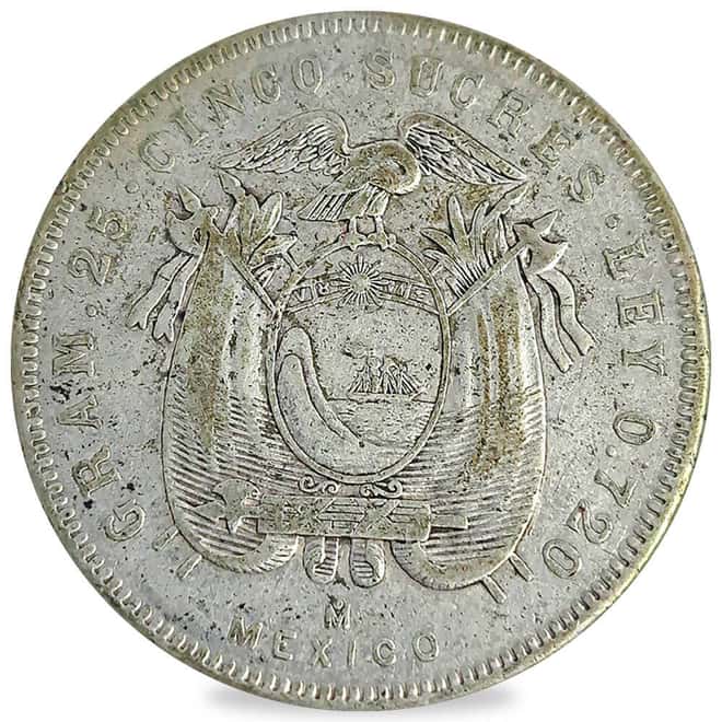 1943-1944 Ecuador 5 Sucres Struck in Mexico Silver Coin Avg Circ (Random Year)