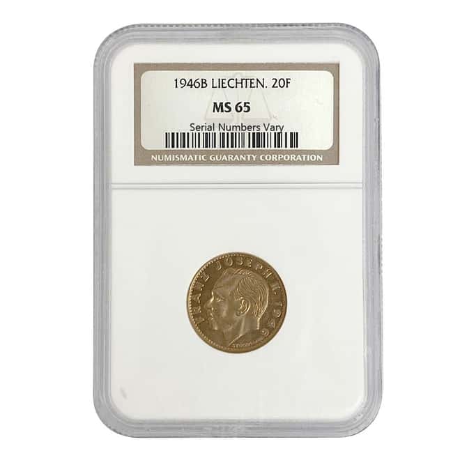 1946 B Liechtenstein 20 Francs Franz Joseph II Gold Coin NGC MS 65