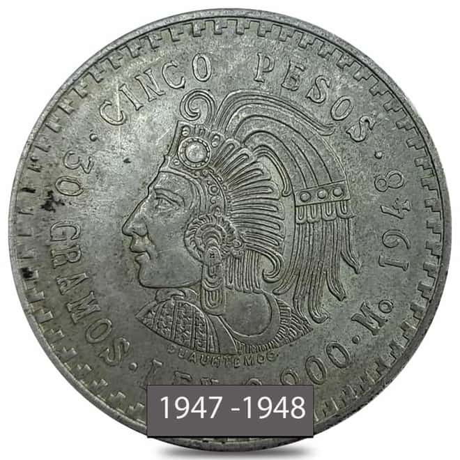 1947-1948 Mexico 5 Pesos Cuauhtemoc Silver Coin Avg Circ (Random Year)