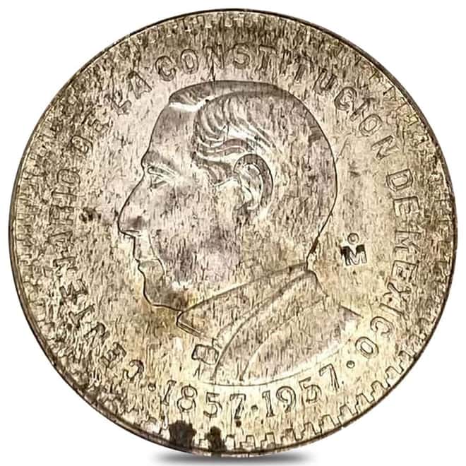 1957 Mexico 1 Peso Constitution 100th Ann Silver Coin Avg Circ ASW .0514 oz