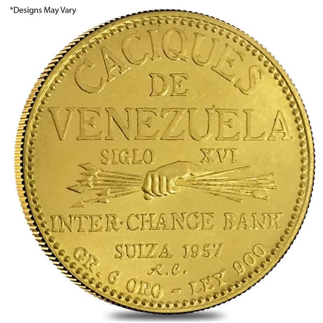 1957 Venezuela 20 Bolivares Indian Chiefs Gold Coin AGW .1736 oz AU/BU (Random Design)