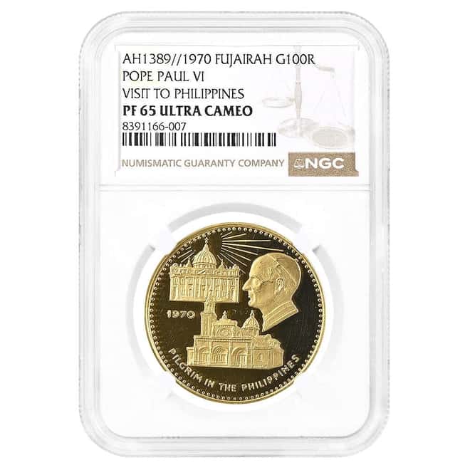 1970 Fujairah 100 Riyals Pope Paul VI Proof Gold Coin NGC PF 65 UCAM