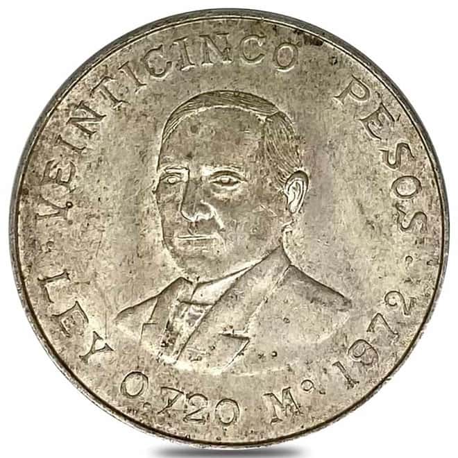 1972 Mexico 25 Pesos Benito Juarez Silver Coin AU / BU ASW .5208 oz