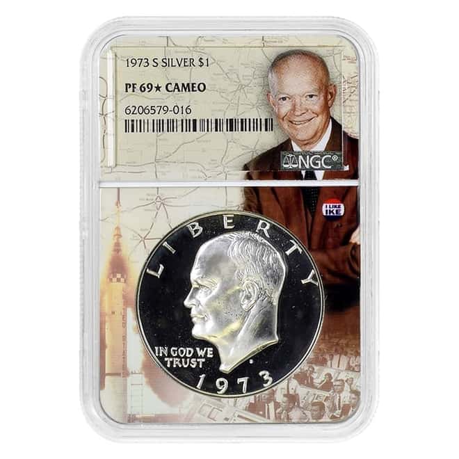 1973 S Eisenhower Proof Silver Dollar 40% NGC PF 69* Cameo (Eisenhower Holder)