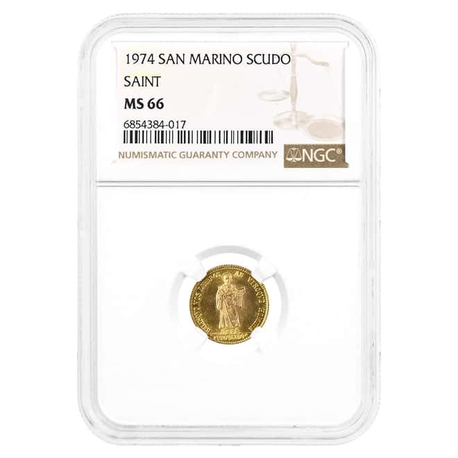 1974 San Marino 1 Scudo Patron Saint Gold Coin NGC MS 66