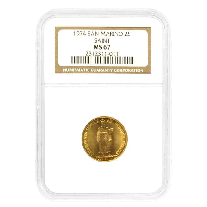 1974 San Marino 2 Scudi Patron Saint Gold Coin NGC MS 67