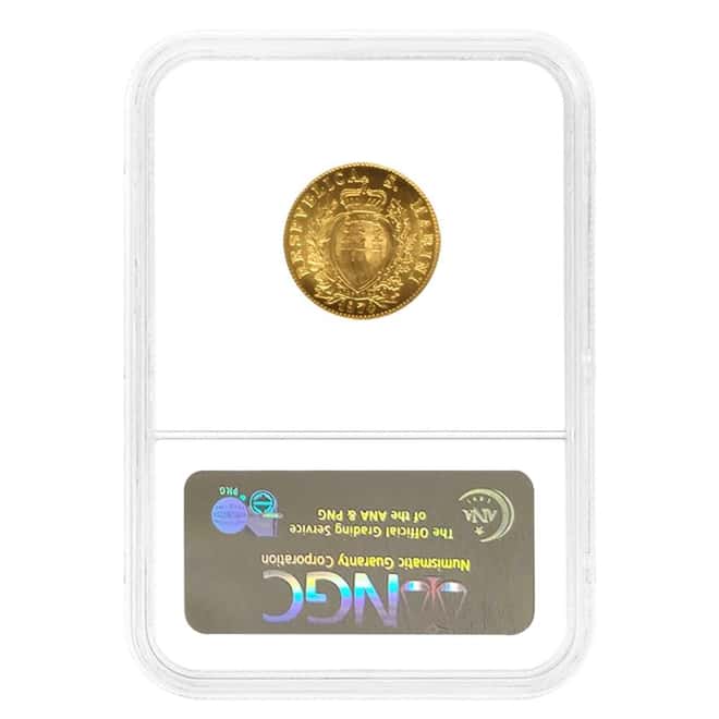 1974 San Marino 2 Scudi Patron Saint Gold Coin NGC MS 67