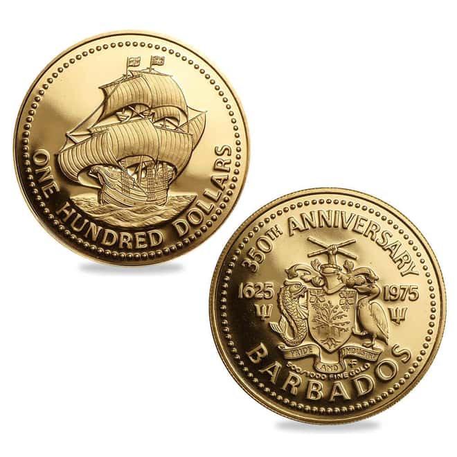 1975 Barbados The English Ship 350th Anniversary Gold Coin BU/Proof