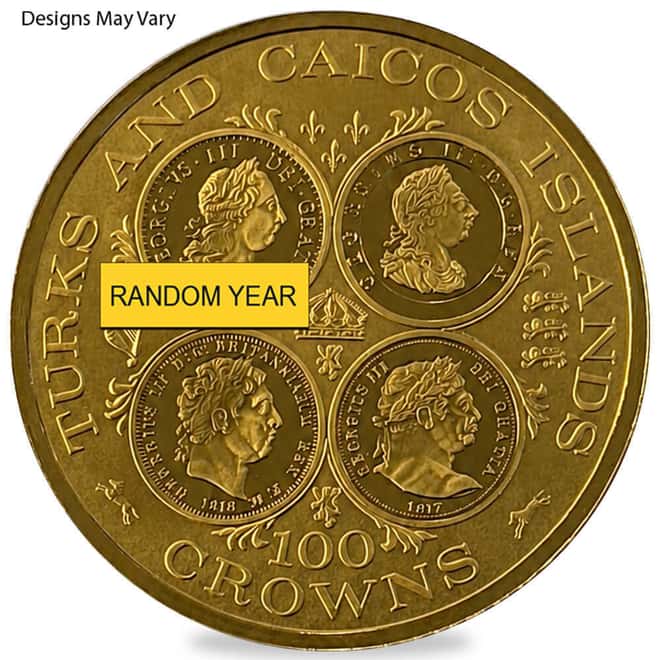 1976-1977 Turks & Caicos Islands 100 Crowns Gold Coin BU (Random Year)