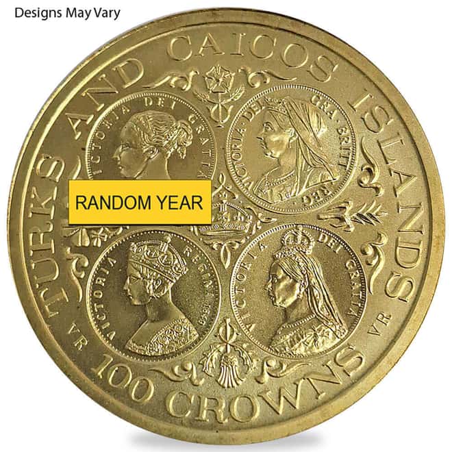 1976-1977 Turks & Caicos Islands 100 Crowns Gold Coin BU (Random Year)