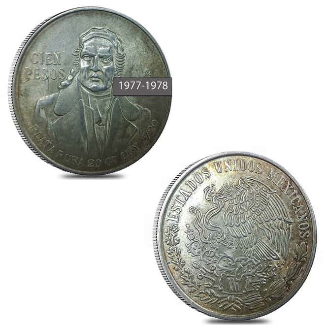 1977-1979 Mexico 100 Pesos Silver Coin Avg Circ (Random Year)
