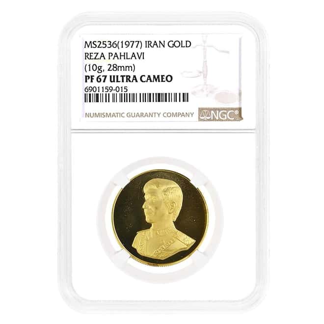 1977 (MS 2536) 10 gram Reza Pahlavi Gold Medal NGC PF 67 UCAM