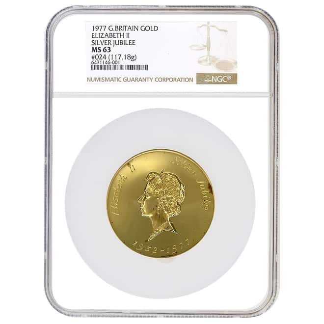 1977 Spink & Son 117.18 g Queen Elizabeth II Silver Jubilee Gold Medallion NGC MS 63