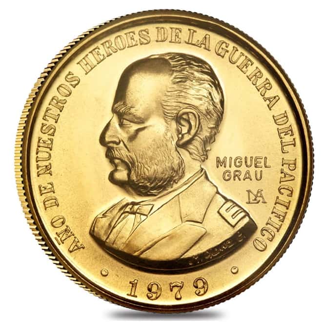 1979 Peru Miguel Grau 100,000 Soles Gold Coin BU AGW .9994 oz
