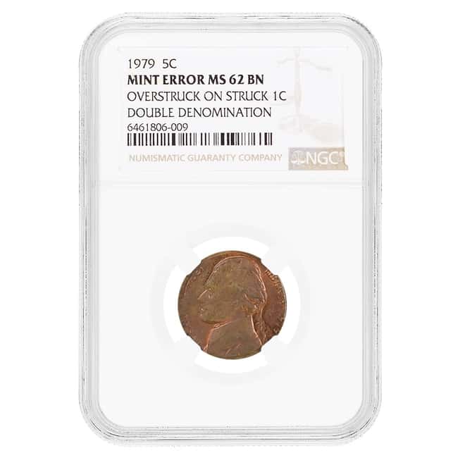 1979 Jefferson Nickel Double Denomination NGC MS 62 BN Mint Error (Struck on 1 Cent Planchet)